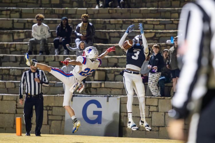 (TY JOHNSTON/THE OGLETHORPE ECHO) Clint Graham breaks up a pass against Elbert County during the Class A Division I playoff game at the Granite Bowl on Friday. Graham led the Patriots with 16 tackles.