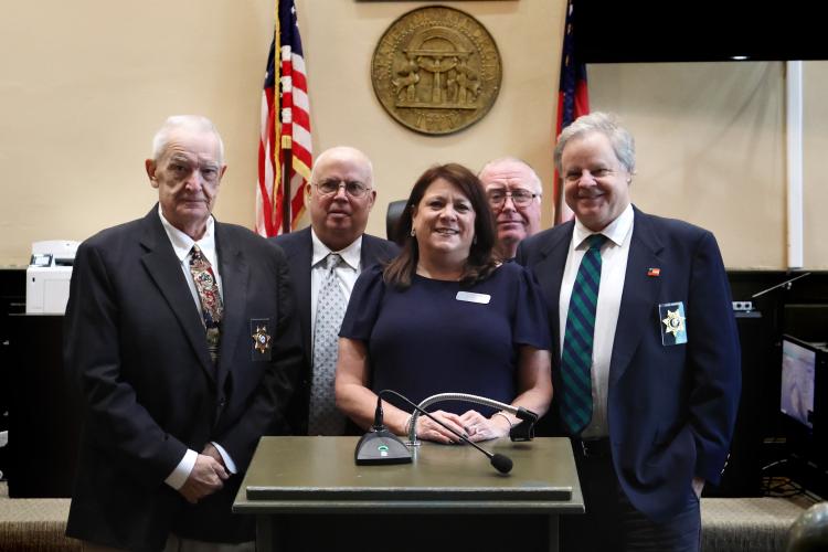 Superior Court Clerk Kelli Paradise Smith (center) works with bailiffs Mike Haler, Olin “Smiley” Taylor, Joe Williams and Dave Williams in the Oglethorpe County Courthouse in Lexington. About 150 people can be summoned for a criminal trial in the county. (Katherine Davis/The Oglethorpe Echo)