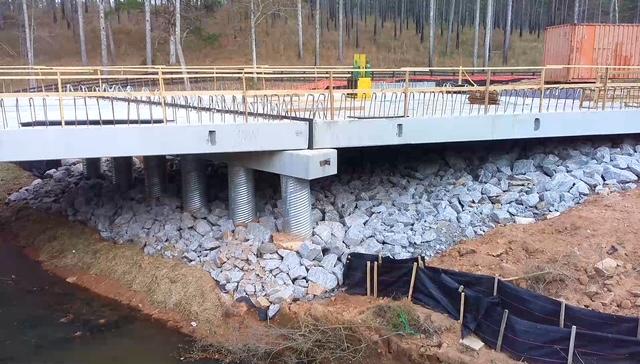 This photo of the construction of the bridge on Crawford-Smithonia Road was taken by one of Oglethorpe County’s drones. The bridge is on schedule and is projected to reopen by February. (SUBMITTED PHOTO)
