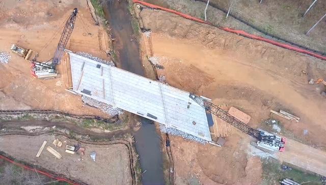 This photo of the construction of the bridge on Crawford-Smithonia Road was taken by one of Oglethorpe County’s drones. The bridge is on schedule and is projected to reopen by February. (SUBMITTED PHOTO)