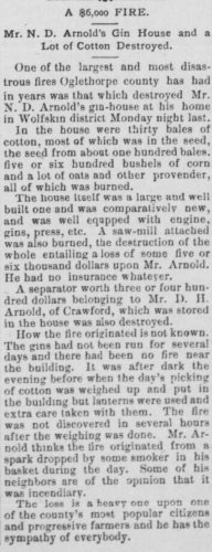 This clipping from the Nov. 9, 1894 edition of The Oglethorpe Echo reports on a fire that broke out and caused $6,000 worth of damage to the cotton gin in Arnoldsville. (Georgia Historic Newspapers)