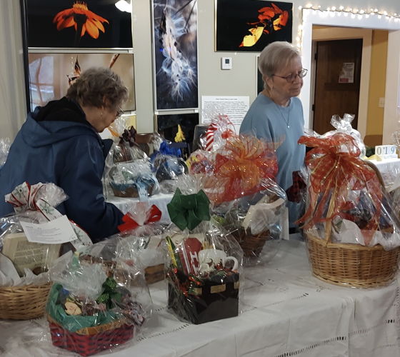 Shoppers look over several of the 100 baskets that were available at the fifth annual Christmas Bazaar and Book Sale on Saturday at No. 3 Railroad St. “We get people coming from all over the county to buy the gift baskets and various things,” said Jean Westmacott, the secretary of the Friends of the Oglethorpe Library. (Submitted Photo)