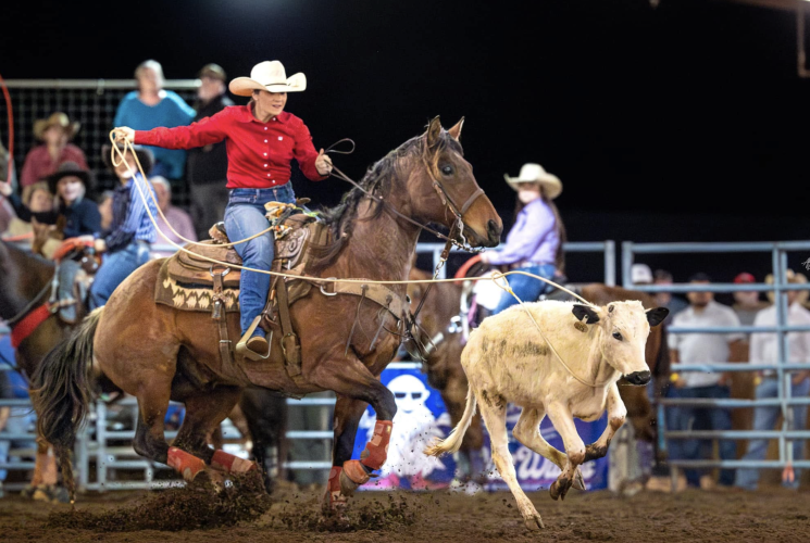 Lauren Willcox, owner of W5 Breakaway Roping, makes her catch during competition, throwing a clean loop as her horse tracks the calf across the arena. She’s also a special education and pre-K teacher in Oglethorpe County. (Photo/Submitted)