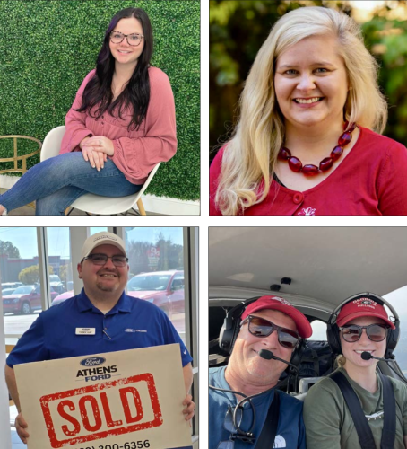 Courtney Brown (clockwise from upper left), Mandy Garrett, Robert Wadsworth (with daughter Lizzie) and Timmy Gay won’t give up the sense of community and tranquil living of Oglethorpe County so they commute to work outside the county. (Photos/Submitted)