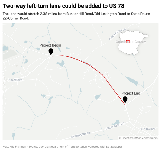 There were 224 accidents along the corridor from 2013-23, resulting in 80 incidents with injury and one fatality, according to GDOT. It warns that without the project, “safety and traffic operations are not expected to improve along the corridor.” (Graphic/Mia Fishman)