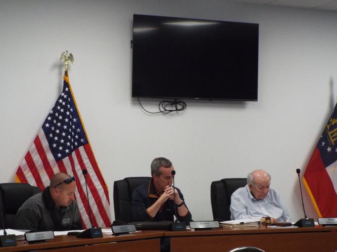 Arnoldsville Mayor Danny Morcom (right), shown with council members Joel Kriner (middle) and Blake Arnold, would like to create plaques to recognize each of the city’s previous mayors. (Luis Vaquero/The Oglethorpe Echo)