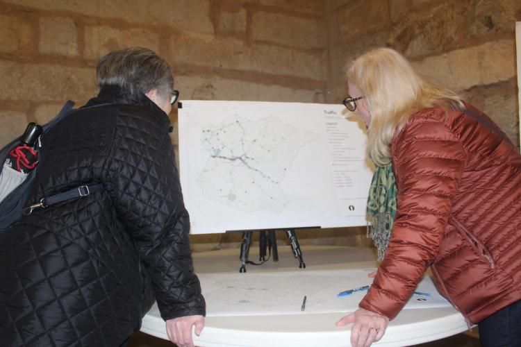 Lexington Mayor Evelyn Reece (right) and Jill Severn, Lexington’s mayor pro tem, examine the traffic map at the county comprehensive plan open house at the Historic Crawford Depot on Jan. 20. The map shows 2025 traffic patterns and traffic incidents along major roads in the county. (BRIDGET GOODMAN/THE OGLETHORPE ECHO)