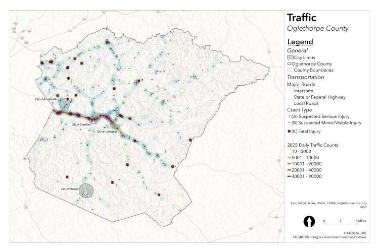 A poster displays traffic patterns and incidents in the county in 2025. The poster was displayed at the comprehensive plan open house at the Historic Crawford Depon on Jan. 20 to guide community feedback. (Submitted Photo)