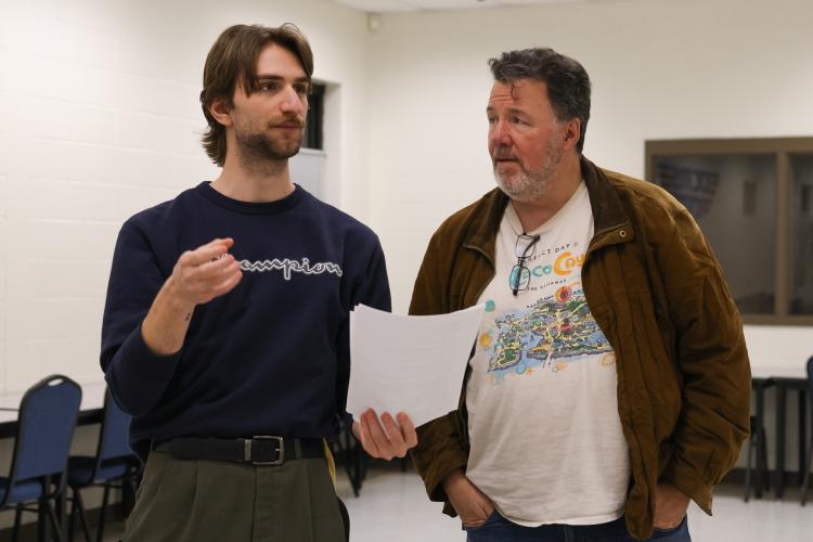 Tyler Spears (left) gives Ed Smith notes on a scene for "Almost, Maine" during rehearsals at Oglethorpe County Middle School on Feb. 5. Spears and Smith are both directing and acting in the play. (Photo/Addison Simmons)