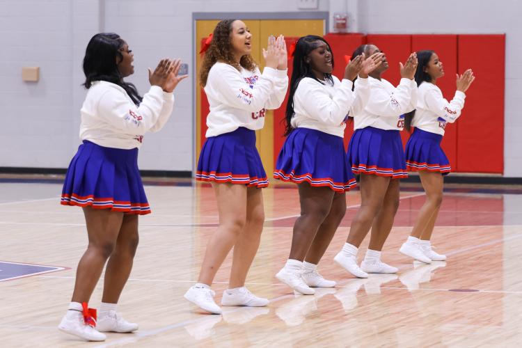 Oglethorpe County High School cheerleaders perform during halftime on Feb. 10. The Patriots lost to the Blue Devils with a score of 40-58. (Photo/Addison Simmons)