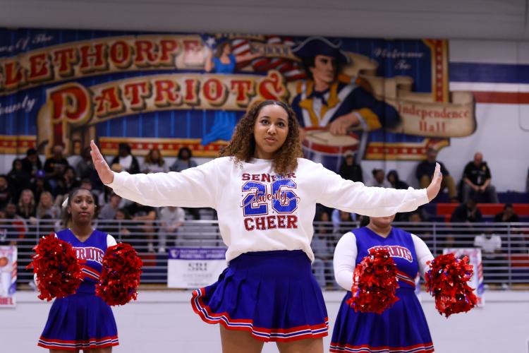 Oglethorpe County cheerleader Kendall Ogle dances during halftime on Feb. 10. The Patriots honored their senior players on Tuesday. (Photo/Addison Simmons)