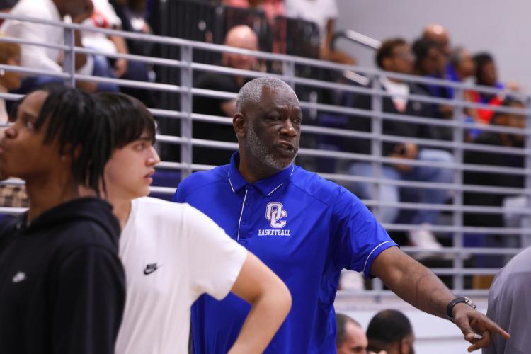 Oglethorpe County High School boys basketball coach Carlos Strong watches the Patriots play Elbert County from the sidelines on Feb. 10. (Photo/Addison Simmons)