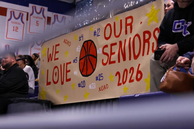 Sign at Oglethorpe County High School senior basketball night on Feb. 10. The Patriots honored their seniors during their game against Elbert County. (Photo/Addison Simmons)