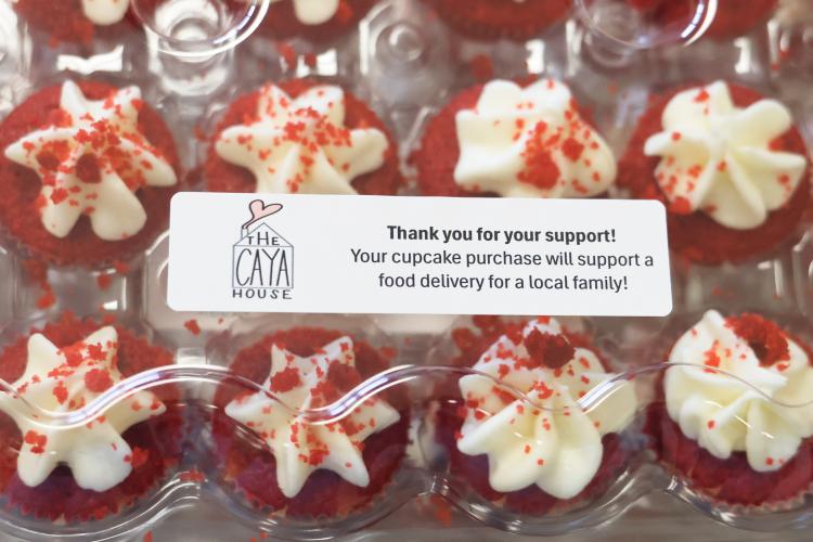 A tray of red velvet cupcakes baked for the CAYA House's annual Valentine's Day fundraiser on Friday, Feb. 13, 2026, in Lexington, Georgia. All proceeds from the fundraiser go towards providing food for the organization's food bank. (Photo/Sydney Shankman)