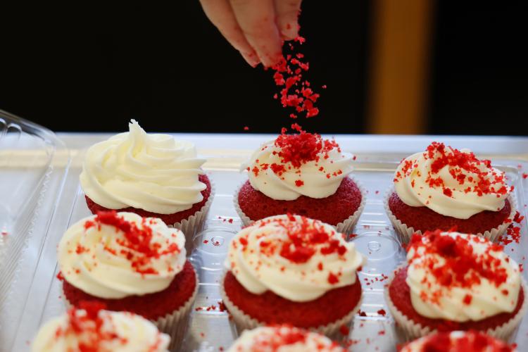 Red velvet cupcakes are decorated for the annual CAYA House Valentine's Day Fundraiser on Friday, Feb. 13, 2026, in Lexington, Georgia. Orders for the cupcakes are taken in the weeks leading up to Valentine's Day, so the team knows how many to bake. (Photo/Sydney Shankman)