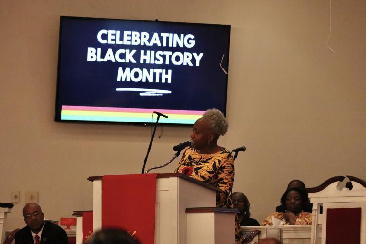Monica Kaufman Pearson speaks to the congregation during the inaugural Black History Collaborative at Thankful Baptist Church in Stephens on Sunday. Kaufman Pearson was a groundbreaking news anchor in Atlanta. (Photo/ Mia Tanner)