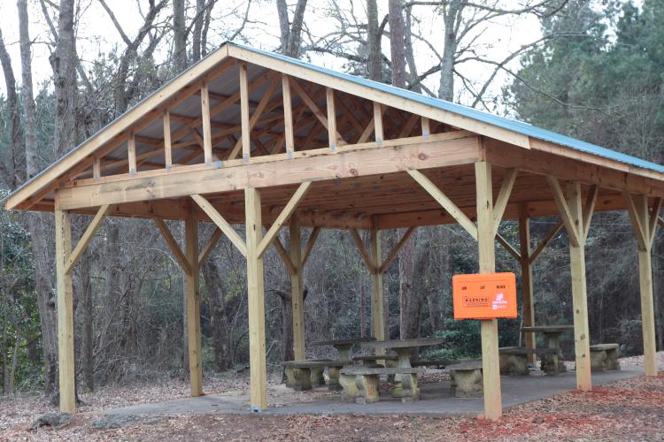A new pavilion stands by the Community Center in Brightwell Park in Maxeys. The project was funded by donations from the community. (Photo/Jessie Isaacs)