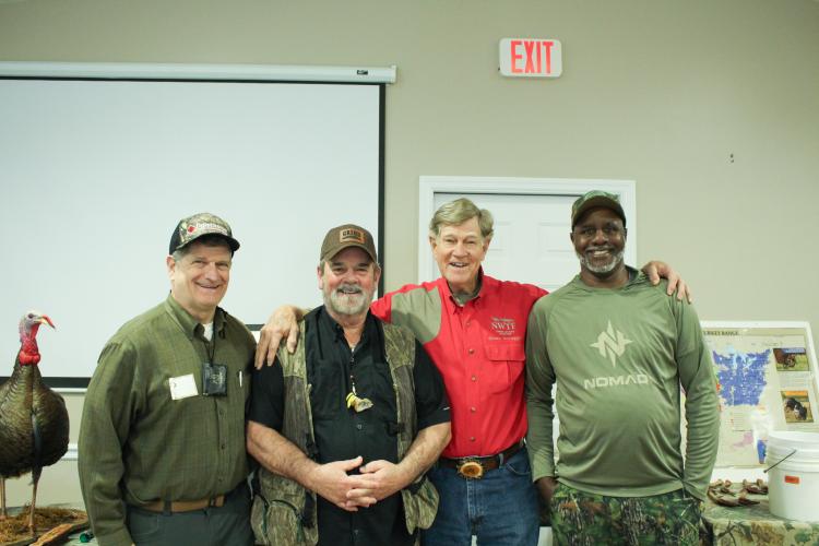 D.D. Quillian (from left), Terry Rohm, Steve Scruggs and Stanley Wymbs spoke at the Wild Turkey Hunting Seminar held at the Oglethorpe County Farm Bureau last Saturday. The event included different strategies on turkey hunting and an emphasis on engaging with younger hunters. (Dakota Meeks/The Oglethorpe Echo)