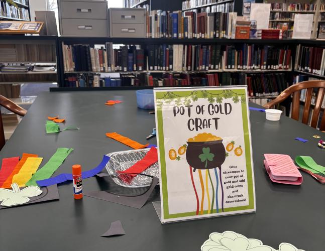 A pot of gold themed craft table at the St. Patrick’s Day Celebration hosted by the Oglethorpe County Library on Tuesday, March 17, 2026. Crafts and other activities are planned with the goal of bringing people into the library who may not come otherwise. (CHARLOTTE COCHRAN/ THE OGLETHORPE ECHO)
