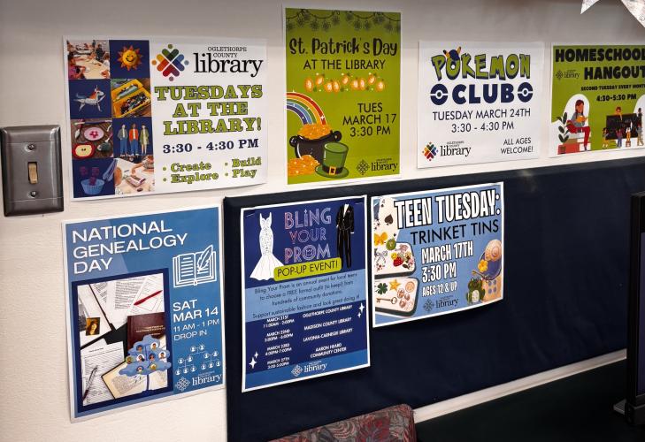 The library event board at the Oglethorpe County Library on Tuesday, March 17, 2026. Library events are advertised on their website, social media, and with flyers hung at the library itself. (CHARLOTTE COCHRAN/ THE OGLETHORPE ECHO)