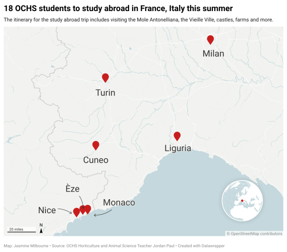 OCHS students will travel to multiple places in Italy and France this summer for a agricultural based study abroad. (Graphic/Jasmine Milbourne)