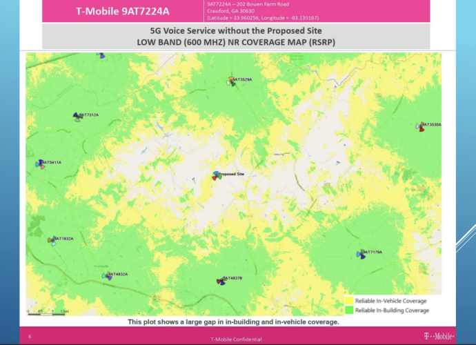 A coverage map provided by T-Mobile shows existing cell service in the Bowen Farm Road area without the proposed tower. Green indicates reliable in-building coverage, yellow indicates reliable in-vehicle coverage, and white indicates no coverage, according to radio frequency engineer Anthony Purnell. (Map/ T-Mobile)