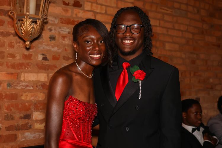 Jaliyah Turner and O’Maury Huggs smile for a photo during Oglethorpe County high school prom at Smithonia Farm in Colbert, Georgia on Saturday, April 18, 2026. (Photo/Addison Simmons)