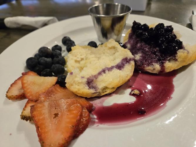 For $5, you can order homemade biscuits with blueberries, strawberries and warm maple butter. Mrs. Angie's Clayton Café serves a variety of Southern food. (Photo Submitted)