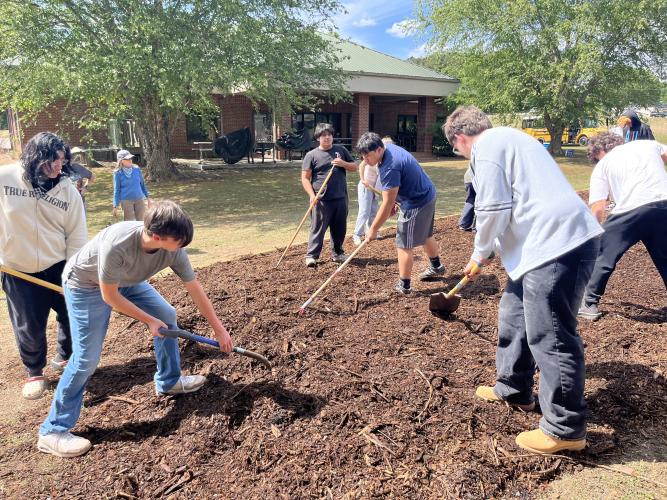 Students from the Interact Club, National Honor Society and Future Farmers of America spread mulch across a new gardening area at the Oglethorpe County Senior Center on Tuesday. The mulch was added to improve footing for seniors and help stabilize the raised garden boxes during heavy rain. (Photo/Emilie Sullivan)