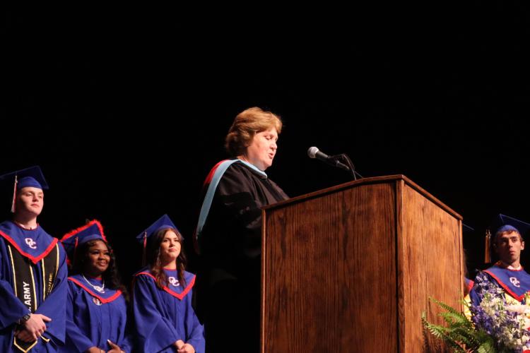 Superintendent Beverley Levine delivers the acceptance of graduates during Friday night’s ceremony. (Ellie English/The Oglethorpe Echo)