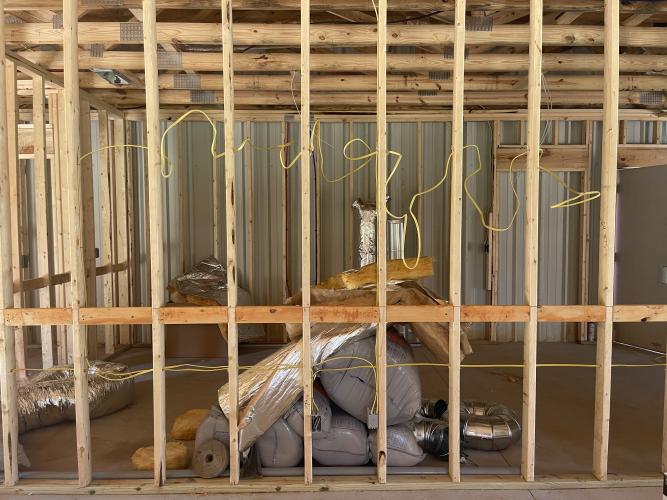 The interior of the new side building that is being added onto the existing bay of the Arnoldsville Fire Department. The addition will have a kitchen, office and accessible bathroom, and is intended serve as a refuge for community members during severe weather and as a space for the volunteer firefighters. (Lexie Shadix/The Oglethorpe Echo)