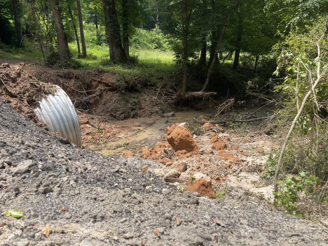 The new pipe that was installed under a section of Emerald Green Drive. The old pipe was swept away on May 25 due to heavy rain. (Lexie Shadix/The Oglethorpe Echo)