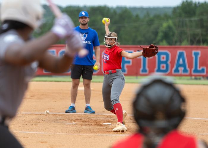 Sophomore Deven Weaver pitches during a preseason scrimmage against Thomson at OCHS on July 23. Weaver played in seven varsity games as a freshman. (Ethan Greene/The Oglethorpe Echo)