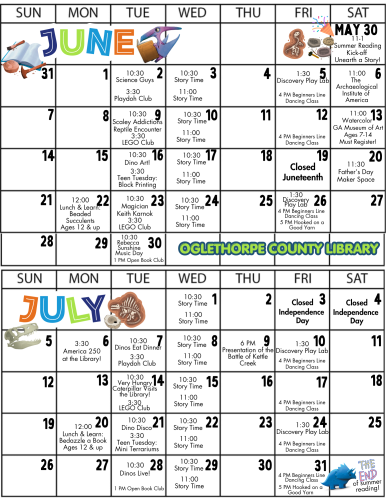 The calendar of events that the Oglethorpe County Library will host in July.  The library offers activities for children, teenagers and adults, and has been experiencing record turnout this summer. (Submitted Photo)