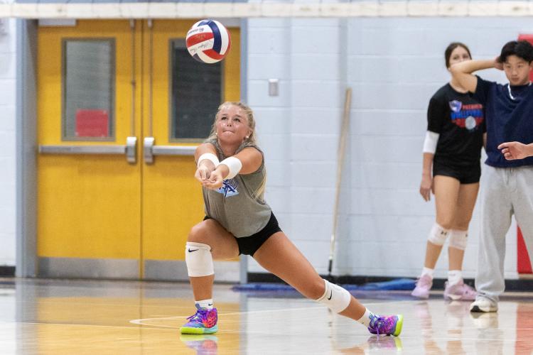 Oglethorpe County junior defensive specialist and setter Azalee Ring hits a ball during practice on July 31. She transferred from Commerce, where she played on varsity her first two years. (Ethan Greene/The Oglethorpe Echo)
