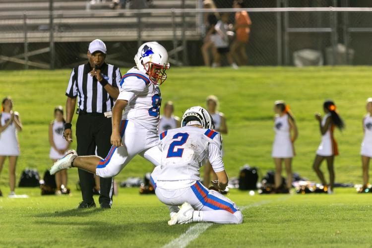Oglethorpe County kicker Omar Sagastume follows through with a kick during the Patriots’ win at Glascock County in a scrimmage on Friday. Sagastume looks to replace Braxton Edmondson this season. (Ethan Greene/The Oglethorpe Echo)