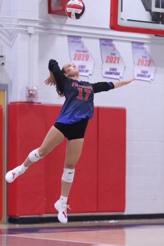 Nora Turner serves during Oglethorpe County’s volleyball match against East Jackson on Tuesday night. Turner, one of the team’s two seniors, was honored. (Sydney Jarrad/The Oglethorpe Echo)