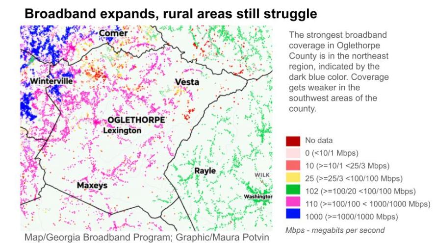 A map showing how broadband speeds vary across Oglethorpe County.