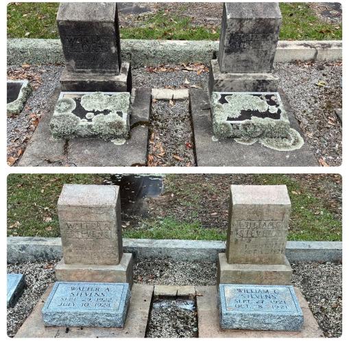 A before and after comparison of one of Julio Soto's tombstone restorations. Soto offers the service as part of his pressure washing business. (Submitted Photo)