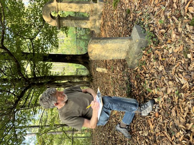 Tom Gresham records information on a tombstone at Martin Cemetery on Sept. 15, 2026. Gresham says many tombstones in Oglethorpe County are made from granite. (Submitted Photo)