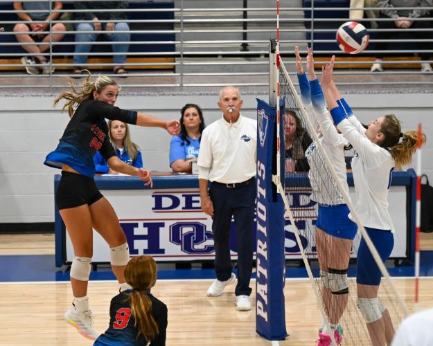 Leanna Newton makes a kill to help lead the OCHS volleyball team to a 3-0 win over Fannin County in the Sweet 16 of the Class A/AA tournament on Tuesday. Newton had a team-leading 16 kills (Photo/Will Hearn).