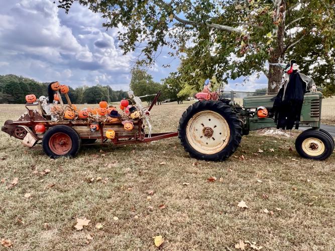 Charles Fleming, a farmer and grade contractor, created Halloween decorations at the front of his farm along Highway 78 on Oct. 2. Plastic pumpkin buckets sit in a manure wagon as “pumpkin people,” a scary clown sits in the driver seat of a 1952 John Deere B model tractor and a witch sits on the exhaust pipe. (Submitted Photo).