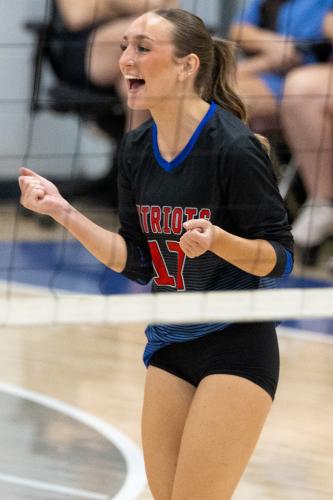 Nora Turner celebrates after a point on senior night last month. She said “Patriot Pride” means “just in whatever you do for your school, you give it your all, and you’re very proud to be a Patriot.” (WESLEY WEBB/THE OGLETHORPE ECHO)