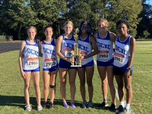 Sarah Taft (from left), Harper Palmer, Lizzie Wadsworth, Sydnie Henderson, Abby Cabaniss and Nadia Henderson led the Oglethorpe County girls cross country team to its second consecutive Region 4-AA championship. Wadsworth was the individual winner with a time of 21:14. (Submitted Photo)