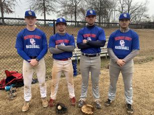 Landon Eberhart (from left), Logan Turner, Russell Smith and Jonathan Cronic are among eight seniors on this year’s Oglethorpe County baseball team. (Meredith Boyd/The Oglethorpe Echo)