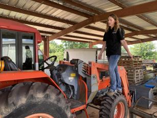 Katie Hammond climbs on a tractor during her class at the UGA Extension’s Southern Women in Agriculture workshop on Aug. 25. Hammond has served as a research superintendent for UGA's College of Agriculture and Environmental Sciences since 2018. (John James/The Oglethorpe Echo)
