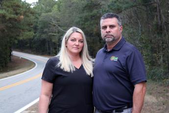 Melissa and Bud Godfriaux have pushed for improved bus stop safety in the county after the second near accident in front of their residence on Veribest Road in the past two years. Skid marks from a quarry truck are visible after it swerved to keep from hitting their children's school bus on the morning of Sept. 11. (Emily Lupo/The Oglethorpe Echo)