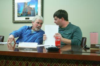 Will Brown (right) chats with fellow Oglethorpe County Commissioner Howard Sanders during a meeting. Brown is running unopposed for his second term from District 4. (ASHLEY BALSAVIAS/THE OGLETHORPE ECHO)