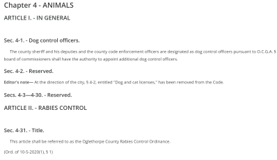 Screenshot of the Oglethorpe County Code of Ordinances, available online.