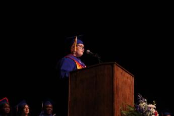 Valedictorian Amber Tiller delivers her speech — “The Importance of Each Other” — during the OCHS graduation ceremony at The Classic Center last Friday. Tiller plans to attend Georgia Tech. (Ellie English/The Oglethorpe Echo)
